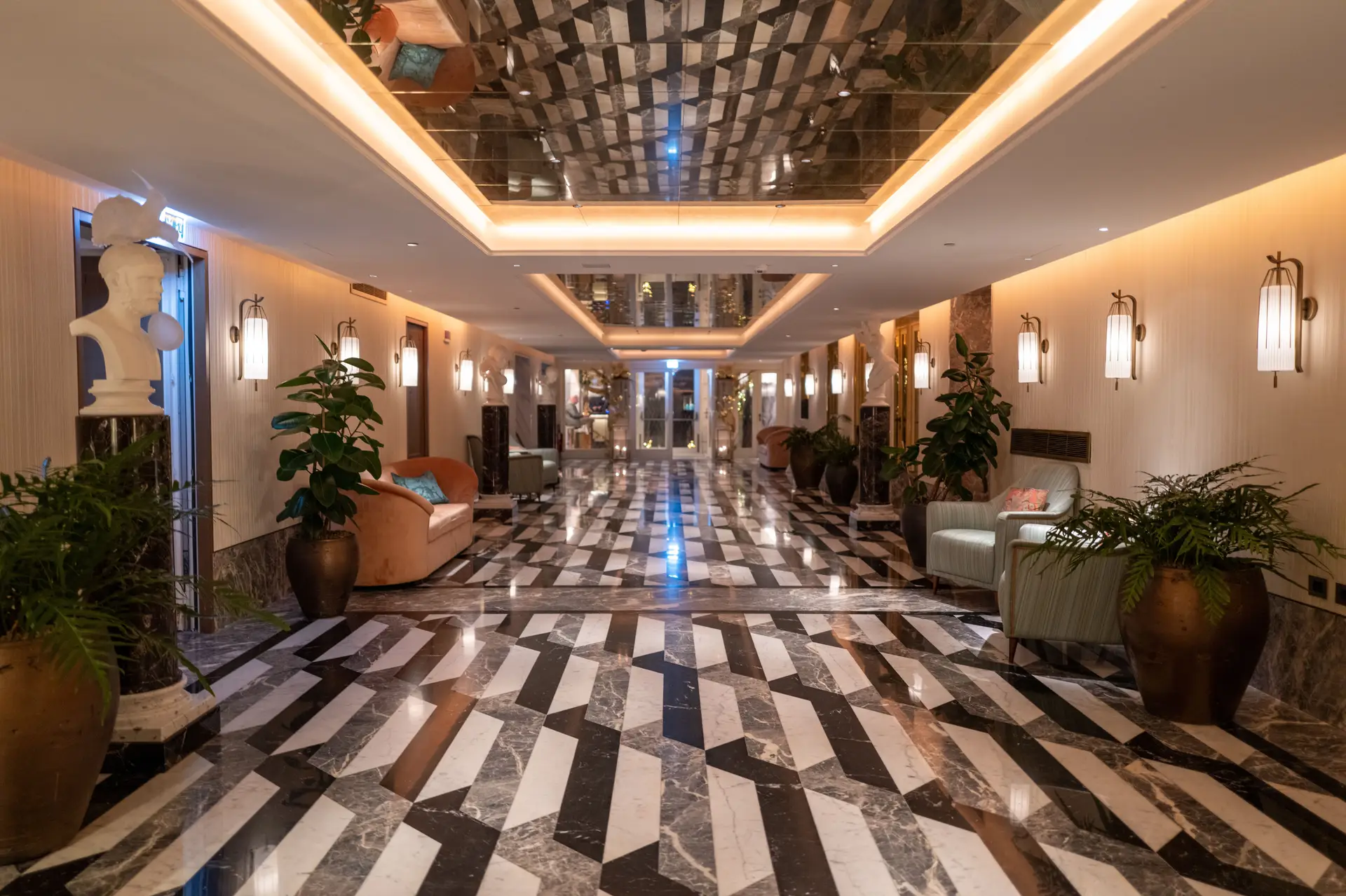 Elegant hotel lobby featuring luxurious marble flooring