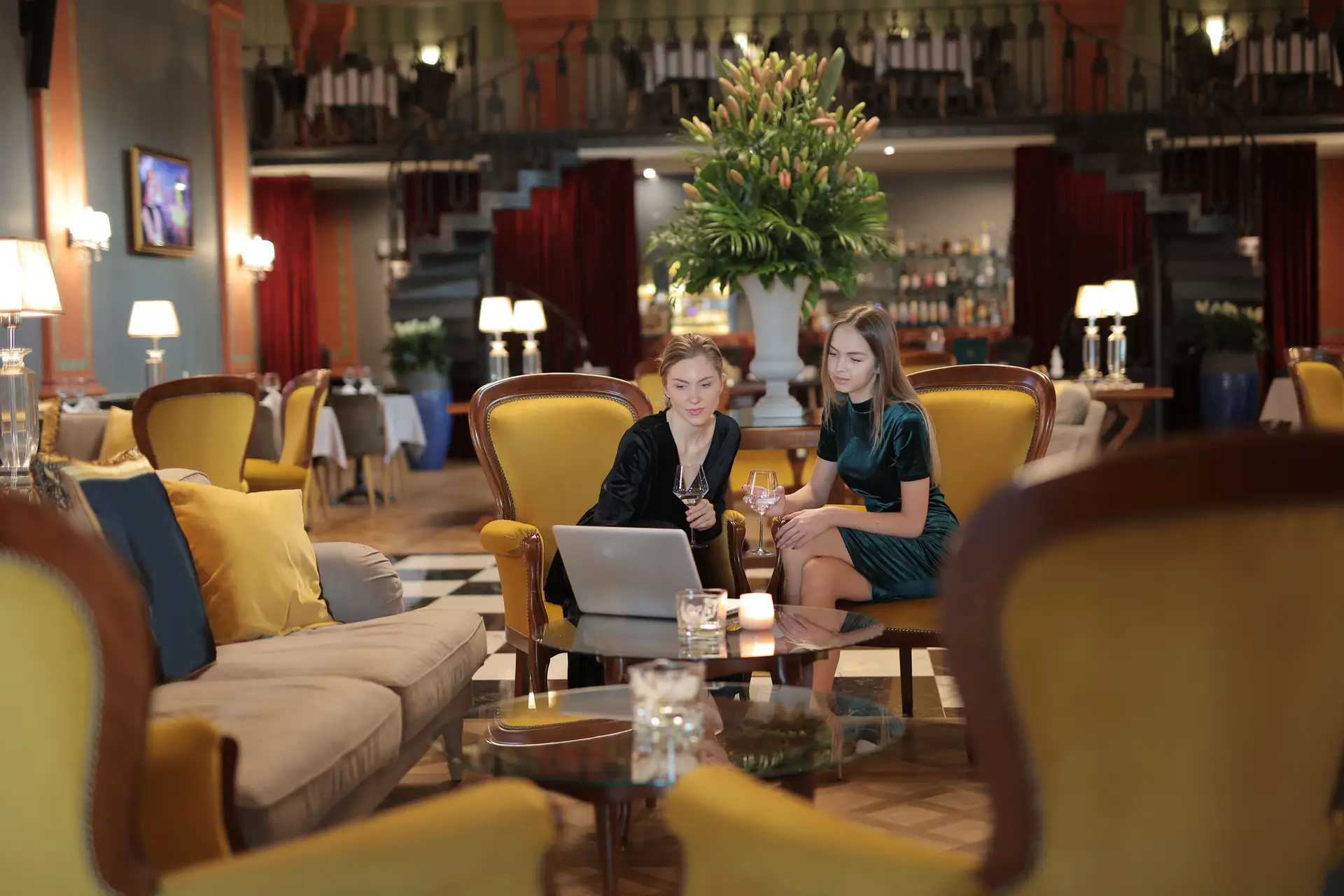 Sophisticated hotel lobby and lounge area